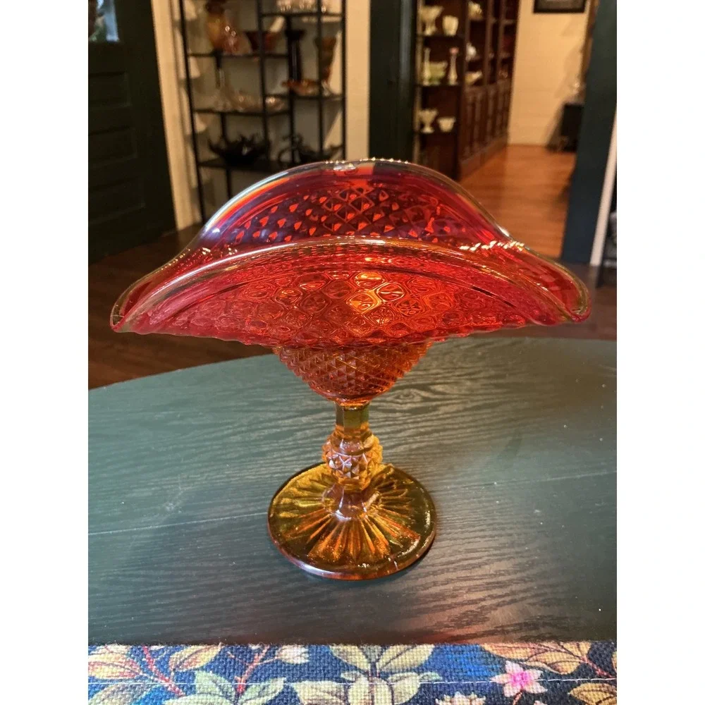 Vintage Jeannette Amberina Glass Pedestal‎ Candy Dish Diamond Point Red Orange